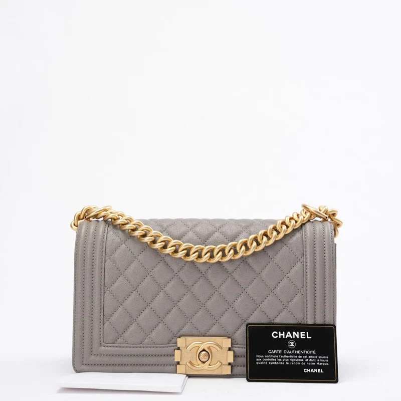 Chanel Boy Medium Grey Flap Bag Quilted Caviar 2019