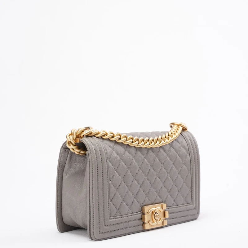 Chanel Boy Medium Grey Flap Bag Quilted Caviar 2019