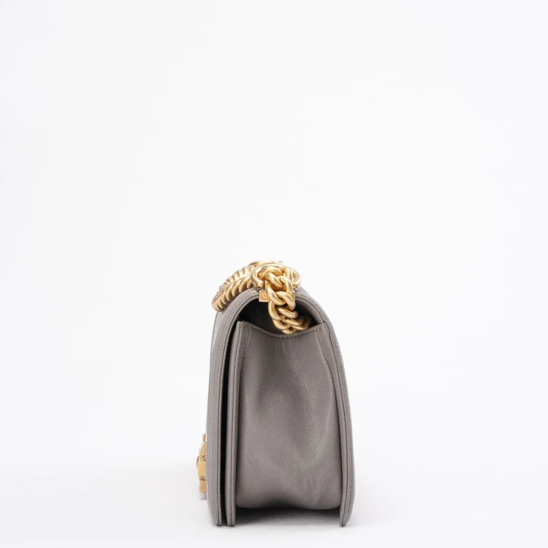 Chanel Boy Medium Grey Flap Bag Quilted Caviar 2019