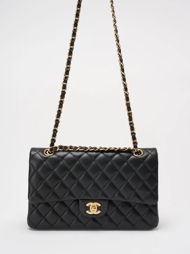 Chanel Schwarze Doppelklappe Tasche Medium Lammleder