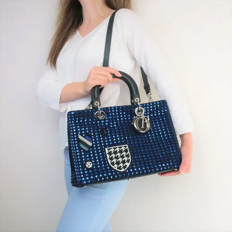 Diorissimo Patch Embellished Metallic Large Blue and Black Tweed Tote Bag