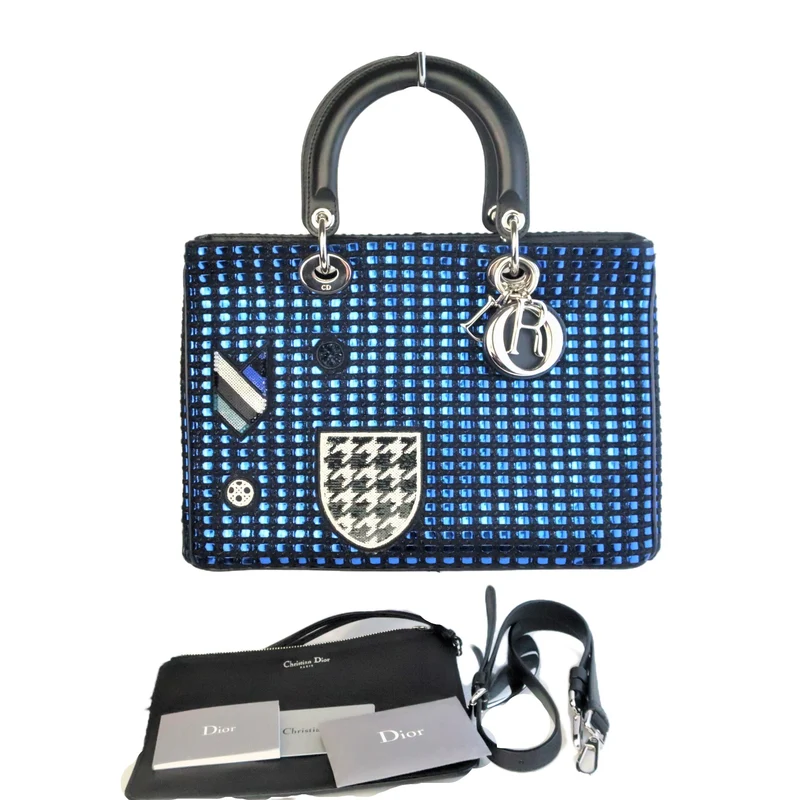 Diorissimo Patch Embellished Metallic Large Blue and Black Tweed Tote Bag