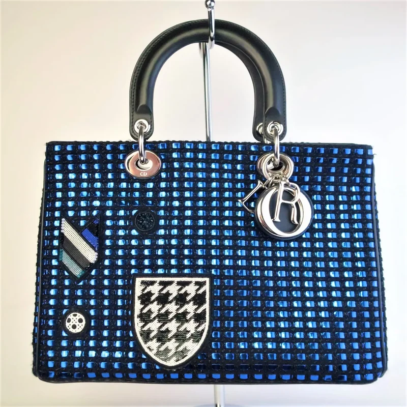 Diorissimo Patch Embellished Metallic Large Blue and Black Tweed Tote Bag