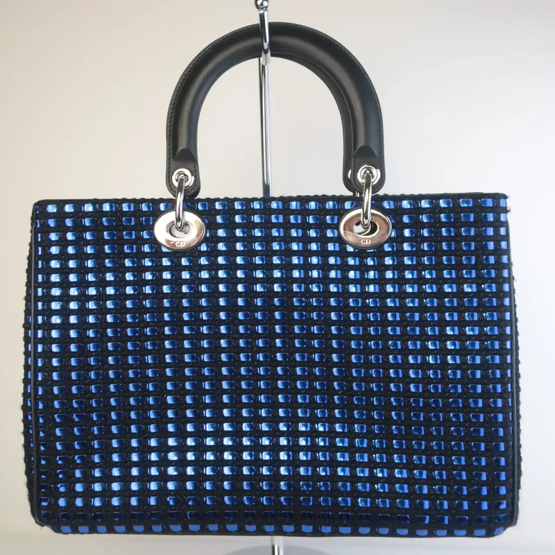 Diorissimo Patch Embellished Metallic Large Blue and Black Tweed Tote Bag
