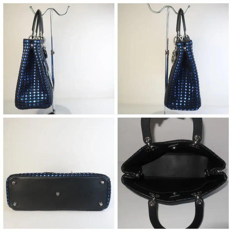 Diorissimo Patch Embellished Metallic Large Blue and Black Tweed Tote Bag