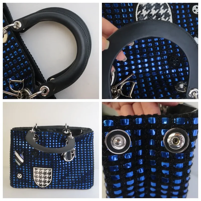 Diorissimo Patch Embellished Metallic Large Blue and Black Tweed Tote Bag