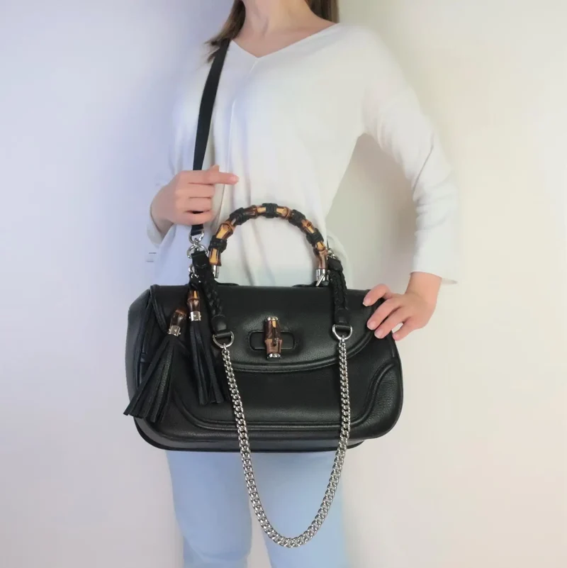 Gucci Black Leather Bamboo Top Handle Crossbody Bag