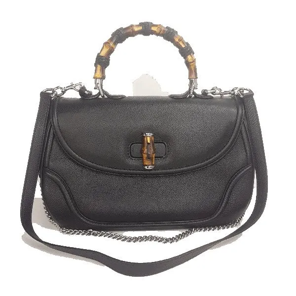 Gucci Black Leather Bamboo Top Handle Crossbody Bag