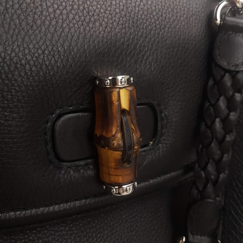Gucci Black Leather Bamboo Top Handle Crossbody Bag