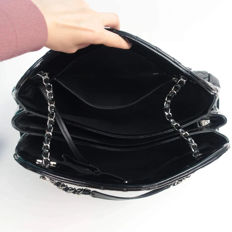 Chanel Large Mademoiselle Black Quilted Patent Leather Bag