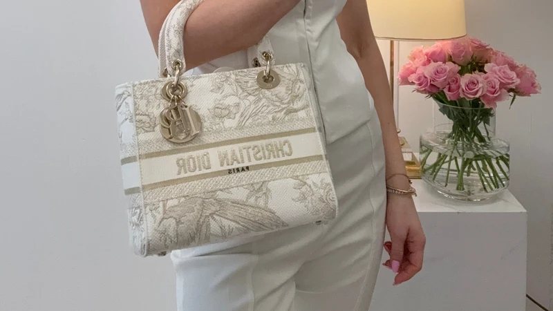 Christian Dior Weiß/Gold Canvas Rückseite bestickt Toile De Joy Medium Lady D-Lite