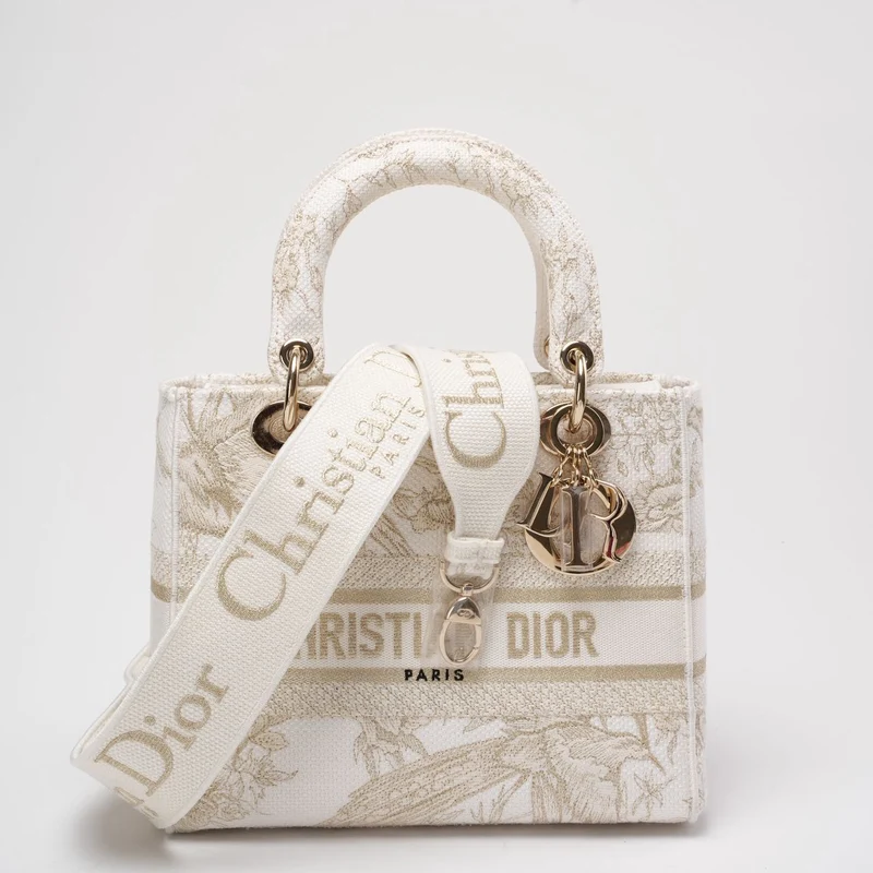 Christian Dior Weiß/Gold Canvas Rückseite bestickt Toile De Joy Medium Lady D-Lite