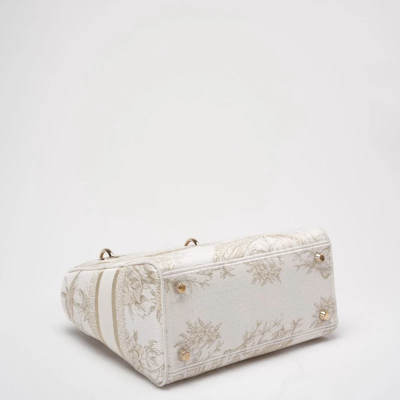 Christian Dior Weiß/Gold Canvas Rückseite bestickt Toile De Joy Medium Lady D-Lite