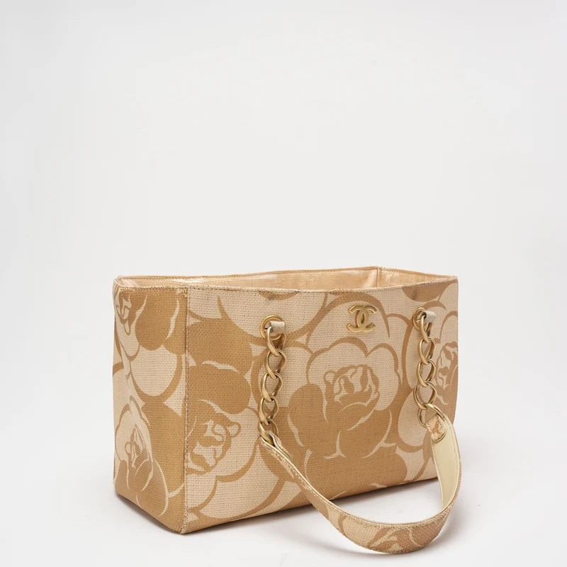 Chanel Raffia Camellia Kleine Einkaufstasche Beige
