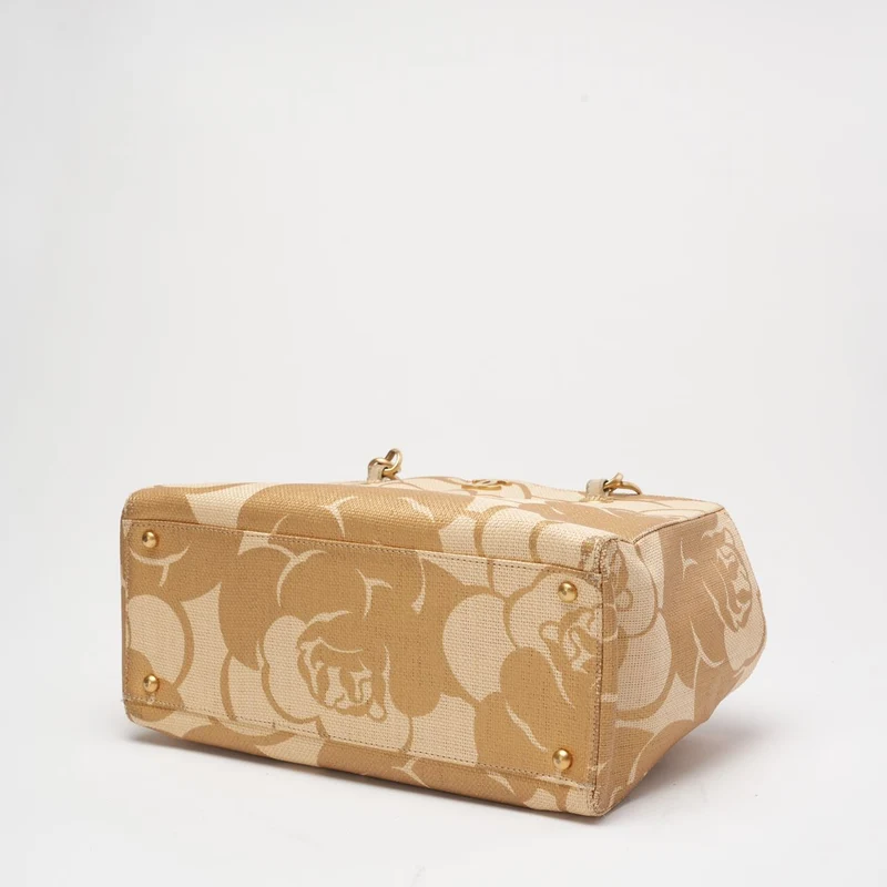Chanel Raffia Camellia Kleine Einkaufstasche Beige