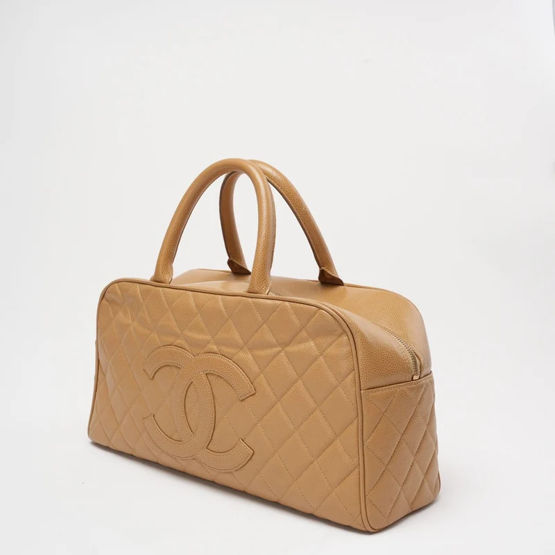 Chanel Vintage Bowler Handtasche Beige Kaviarleder