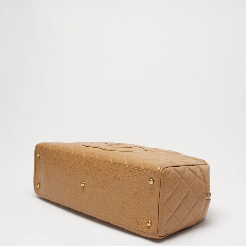 Chanel Vintage Bowler Handtasche Beige Kaviarleder