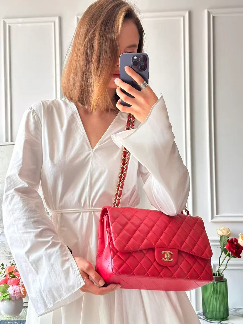 Chanel Timeless Classic Double Flap Jumbo Bag Rotes Lammleder Preloved