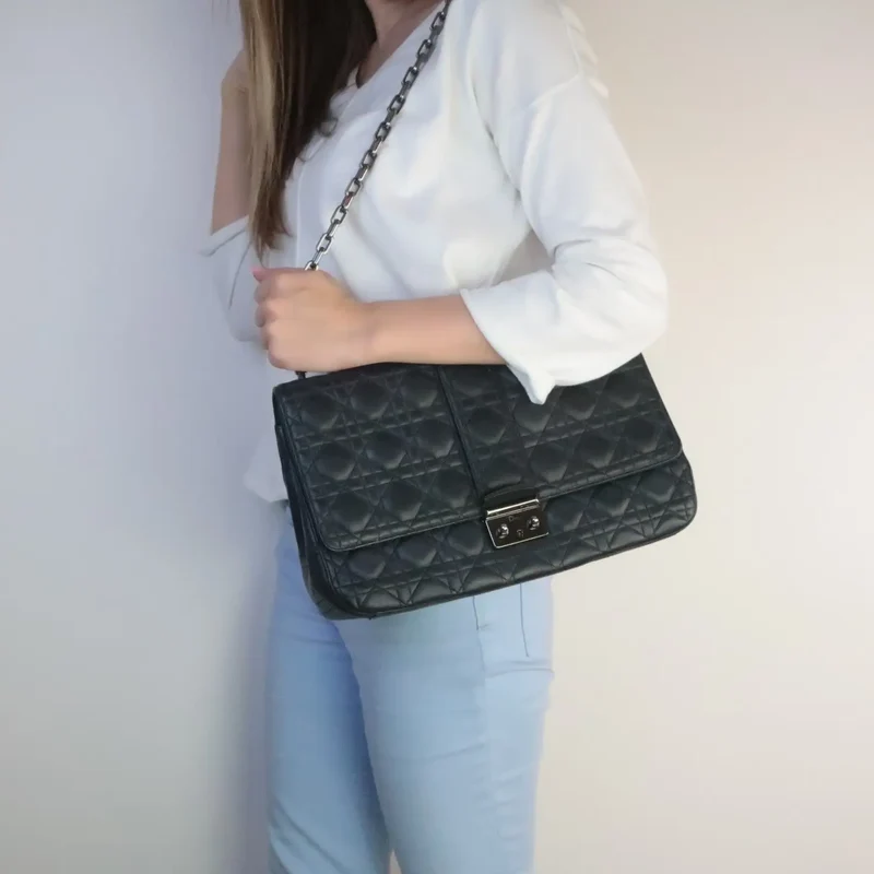 Christian Dior Black Cannage Quilted Lambskin Leather Miss Dior Large Flap Bag