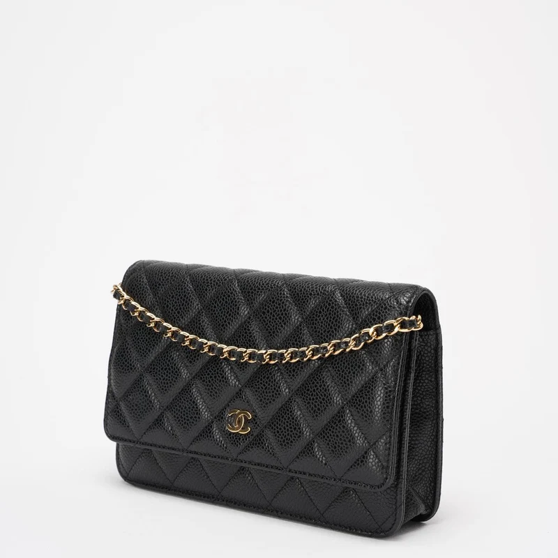 Chanel Schwarze klassische Geldbörse mit Kette WOC Bag Caviar 2013-2014