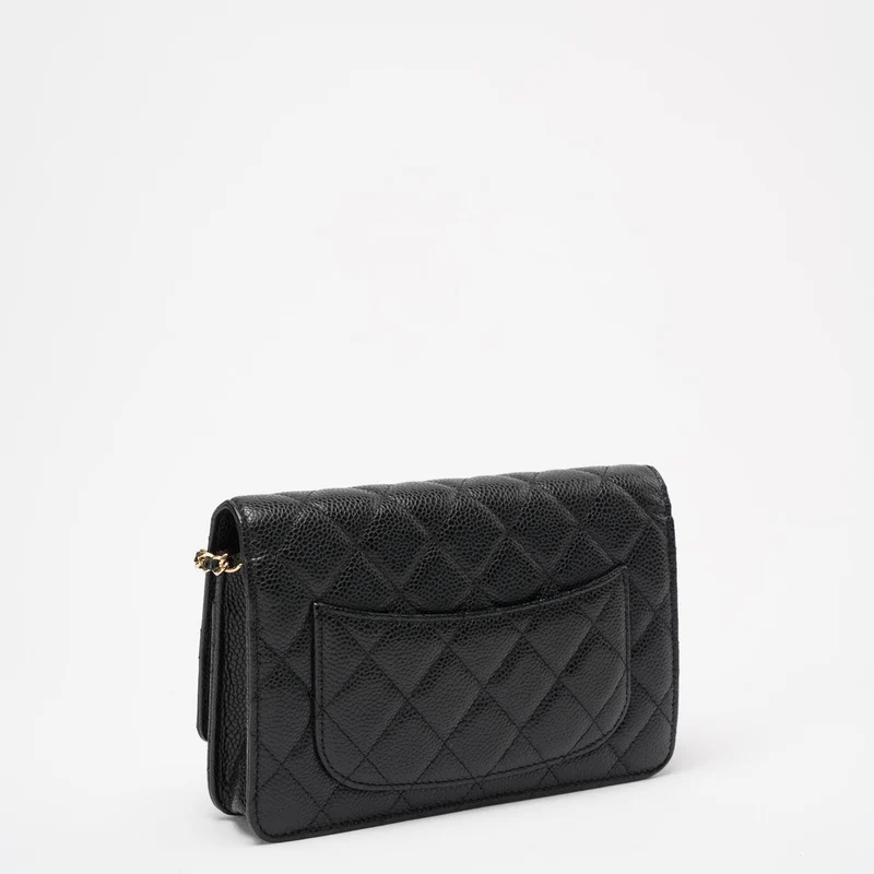 Chanel Schwarze klassische Geldbörse mit Kette WOC Bag Caviar 2013-2014