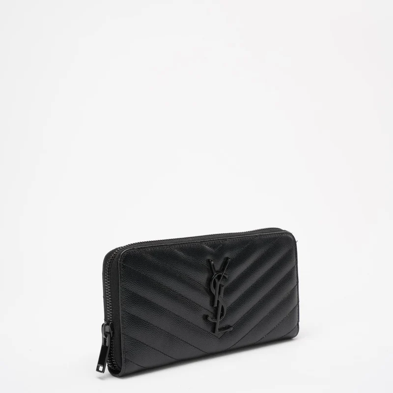 Saint Laurent – ​​Schwarzes, kontinentales Portemonnaie aus Leder mit Chevron-Muster