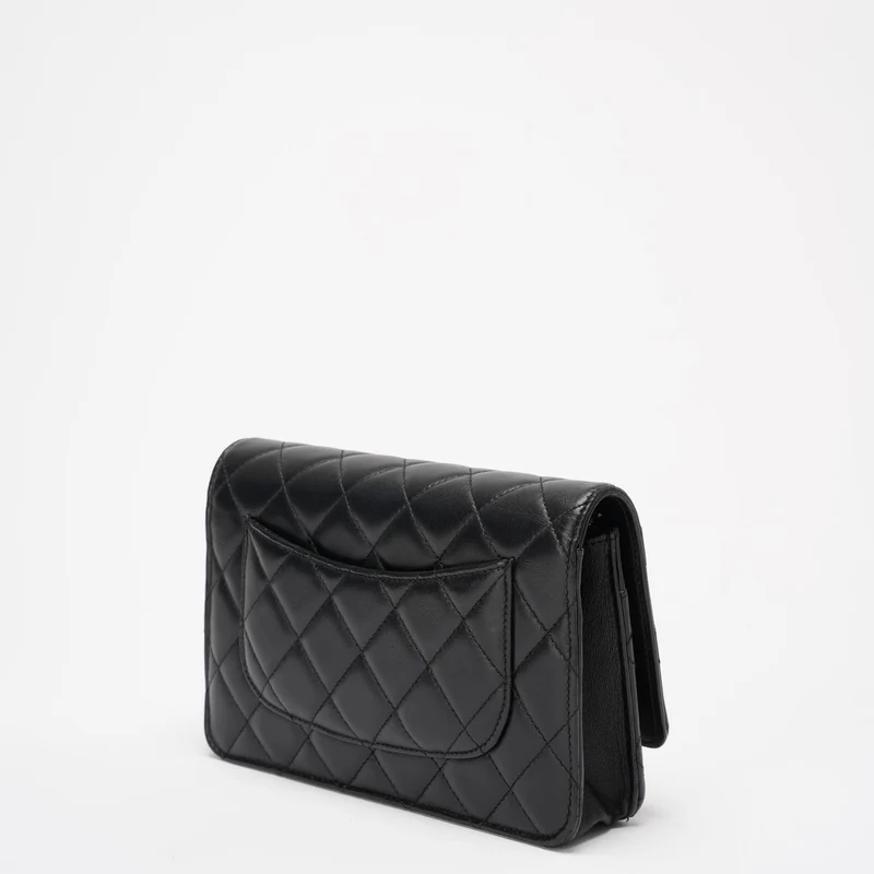 Chanel Schwarze Geldbörse auf Kettentasche Lammleder 2019