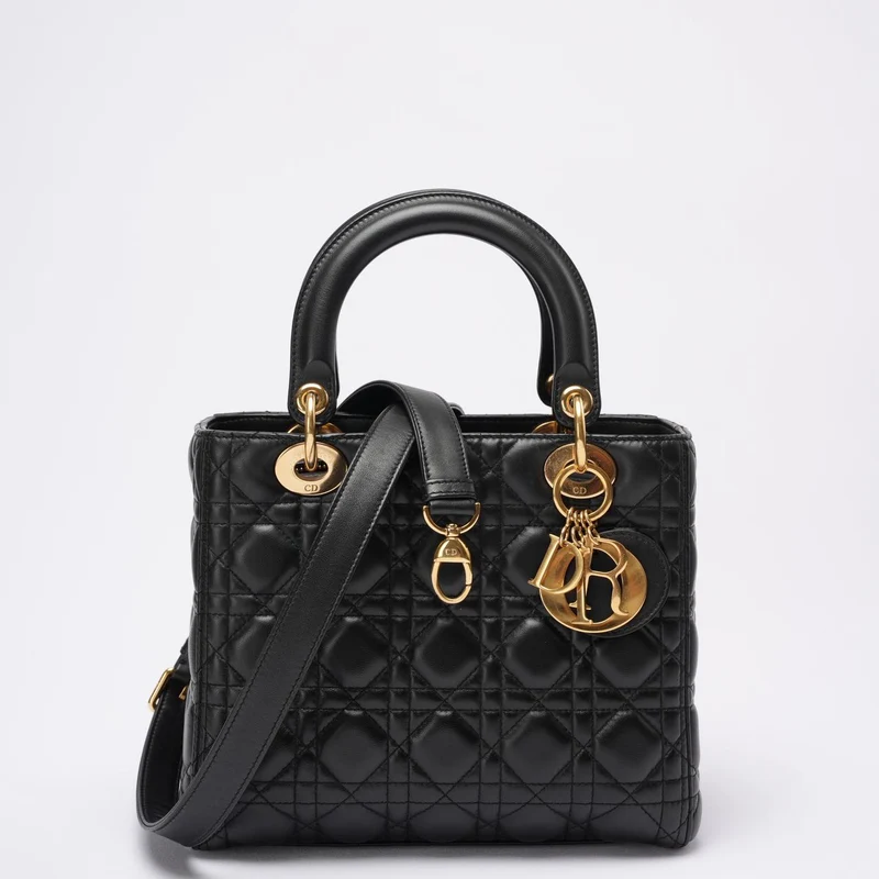 Christian Dior Lady Dior Mittlere Tasche Schwarzes Lammleder