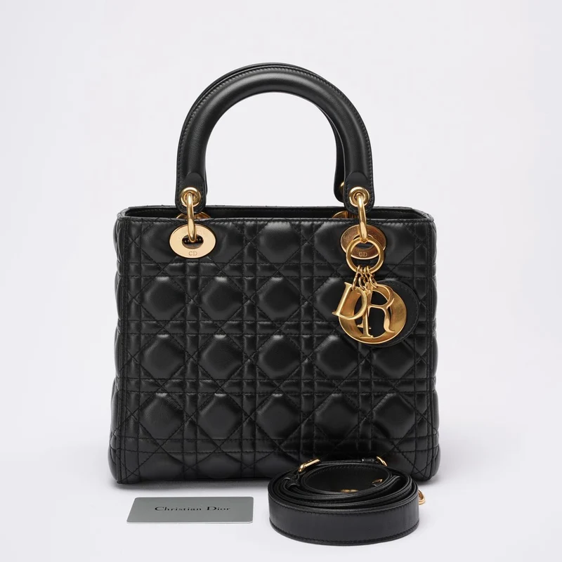 Christian Dior Lady Dior Mittlere Tasche Schwarzes Lammleder