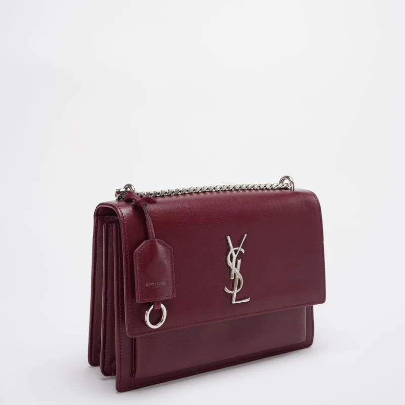 Saint Laurent Sunset Bag Burgundy Box Leder mit silberner Hardware Medium