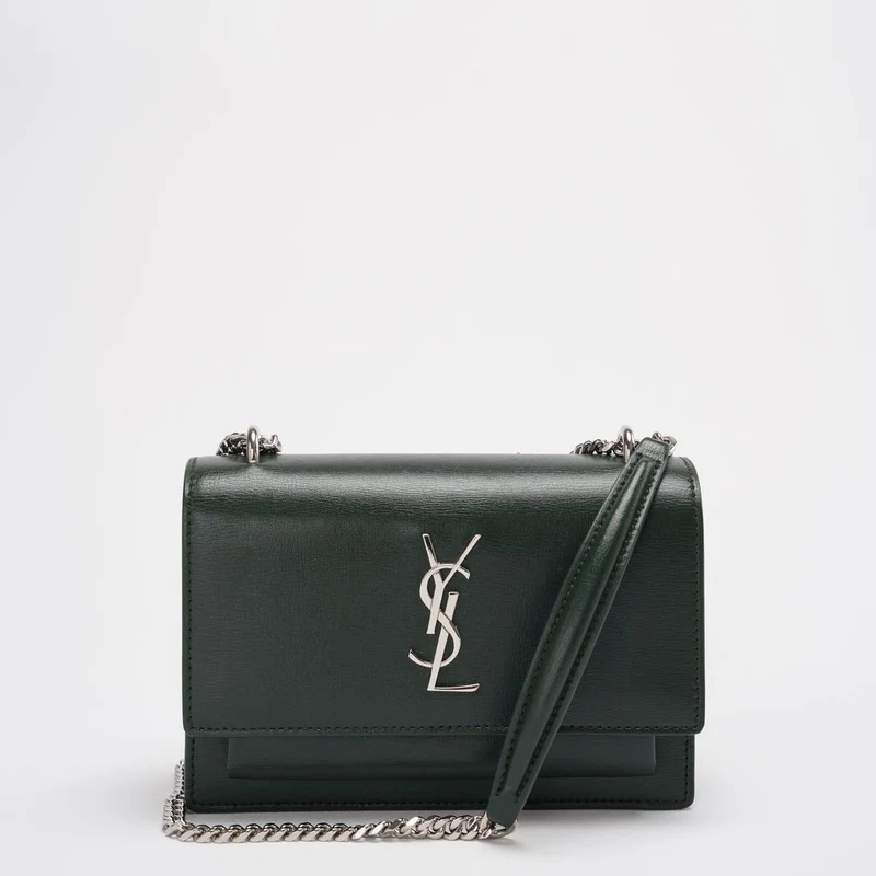 Saint Laurent Sunset Geldbörse mit Kette, Mini, Olivgrün mit silberfarbener Hardware
