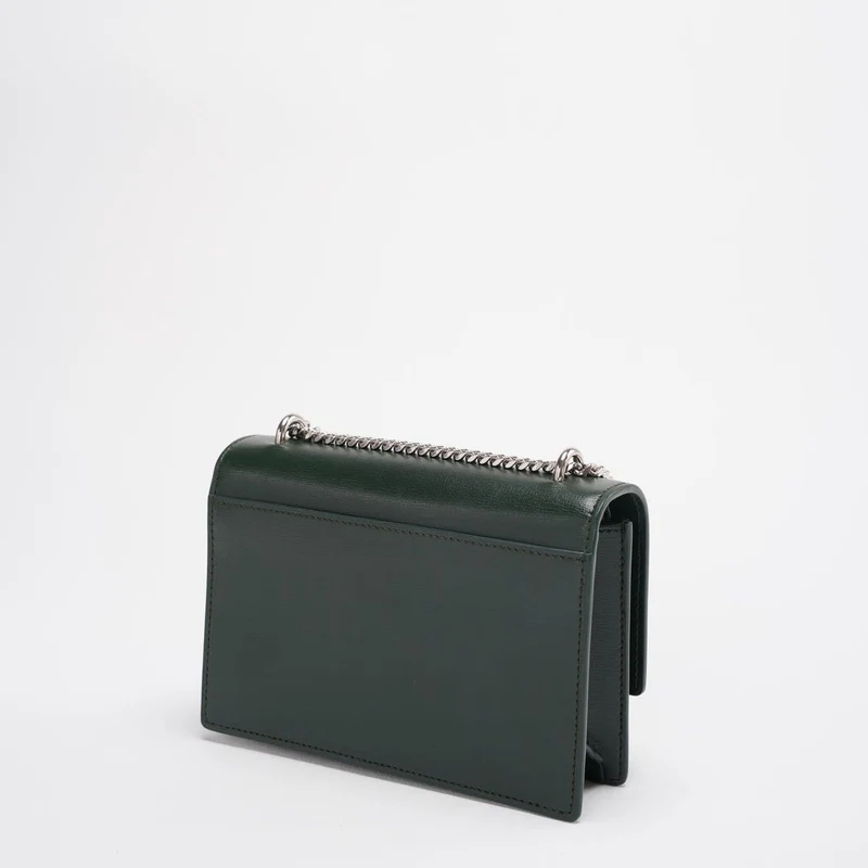Saint Laurent Sunset Geldbörse mit Kette, Mini, Olivgrün mit silberfarbener Hardware