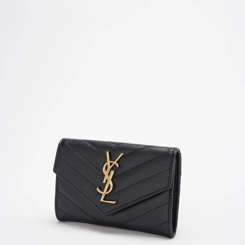 Saint Laurent Kleines Monogramm-Portemonnaie aus schwarzem Leder mit goldenem YSL-Logo