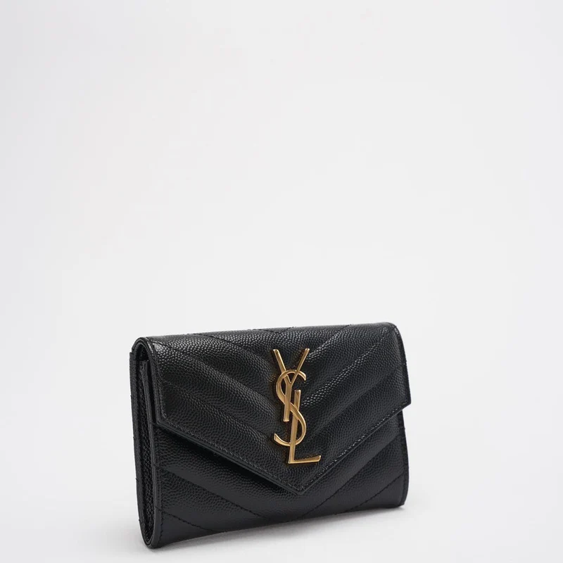 Saint Laurent Kleines Monogramm-Portemonnaie aus schwarzem Leder mit goldenem YSL-Logo