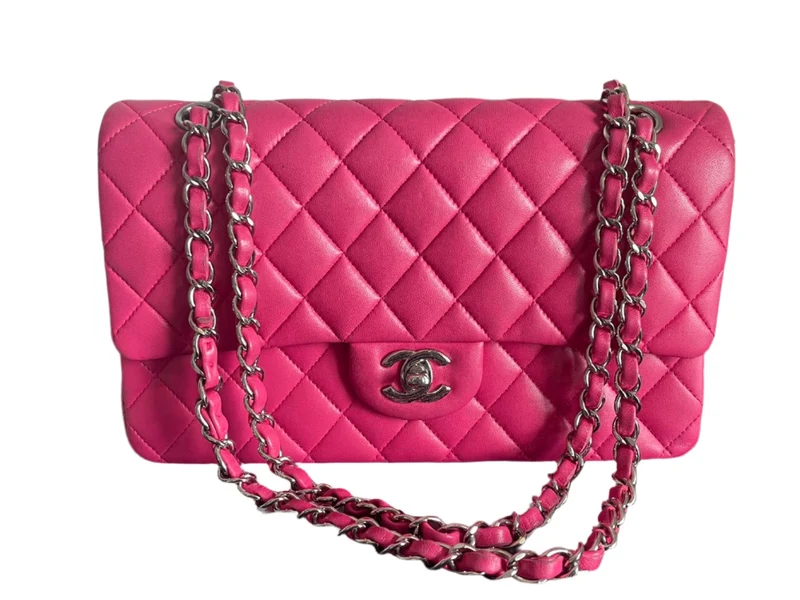 Chanel Timeless Classic Medium Double Flap Bag – Lammleder in Pink mit silberner Hardware