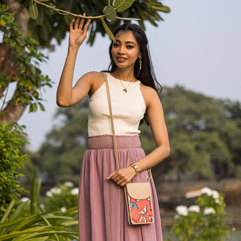 Handy-Crossbody-Geldbörse aus Stoff mit Lederbesatz - 13005