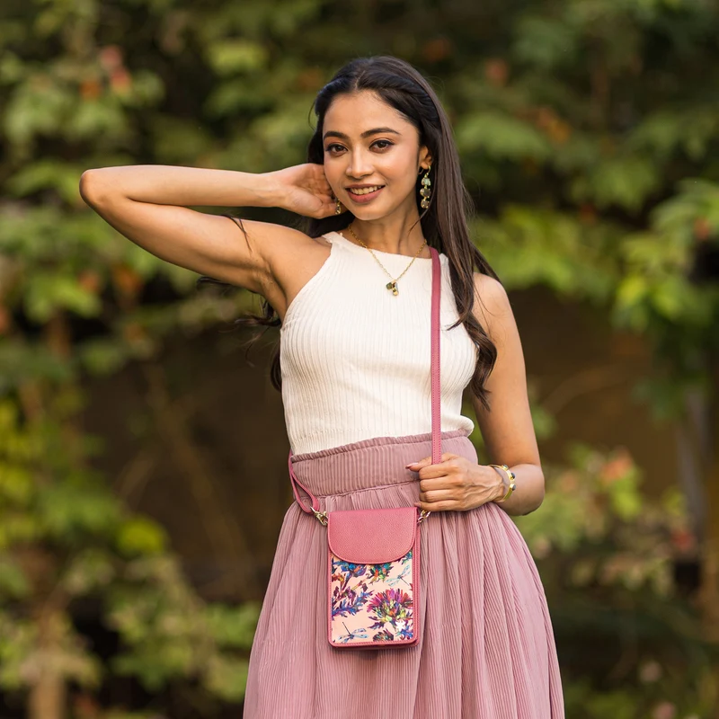 Handy-Crossbody-Geldbörse aus Stoff mit Lederbesatz - 13005
