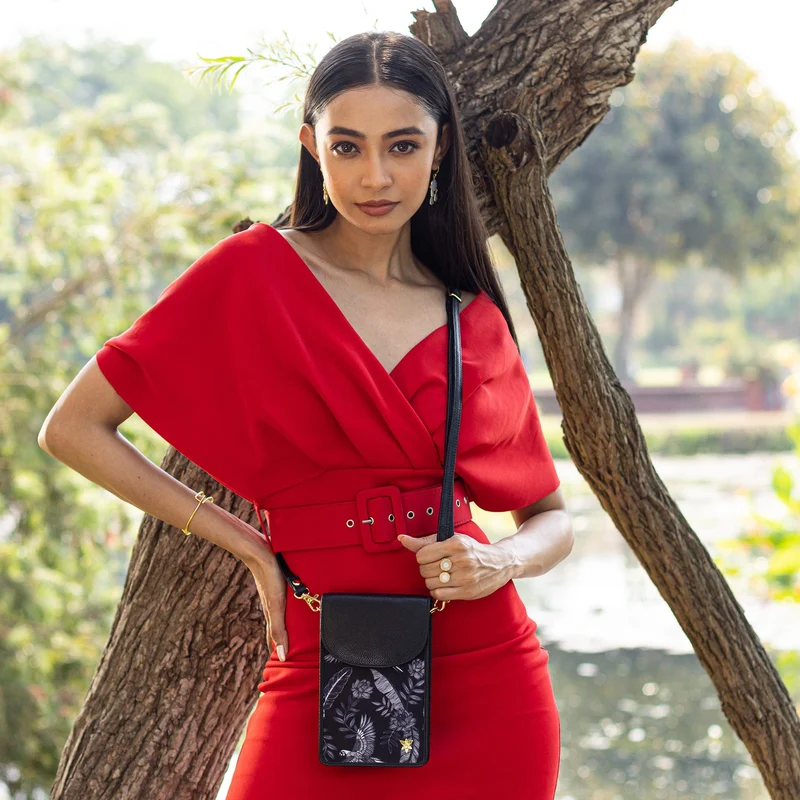 Handy-Crossbody-Geldbörse aus Stoff mit Lederbesatz - 13005
