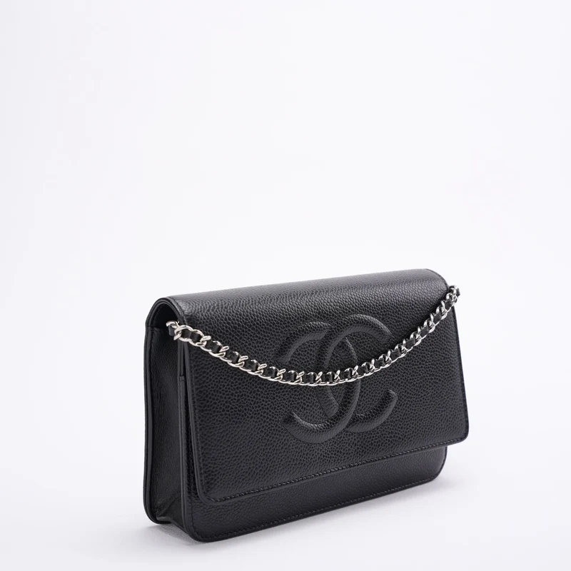 Chanel Geldbörse mit Kette, großes CC-Logo, schwarzes Kaviarleder