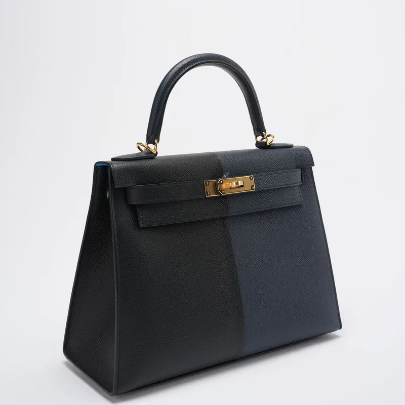 Hermes Kelly 28 Sellier Casaque Tricolor Schwarz Blau Indigo Frida Epsom Gold Hardware