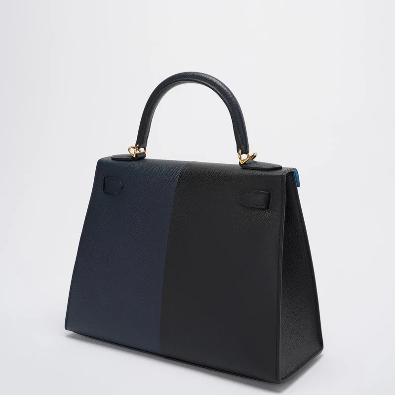 Hermes Kelly 28 Sellier Casaque Tricolor Schwarz Blau Indigo Frida Epsom Gold Hardware