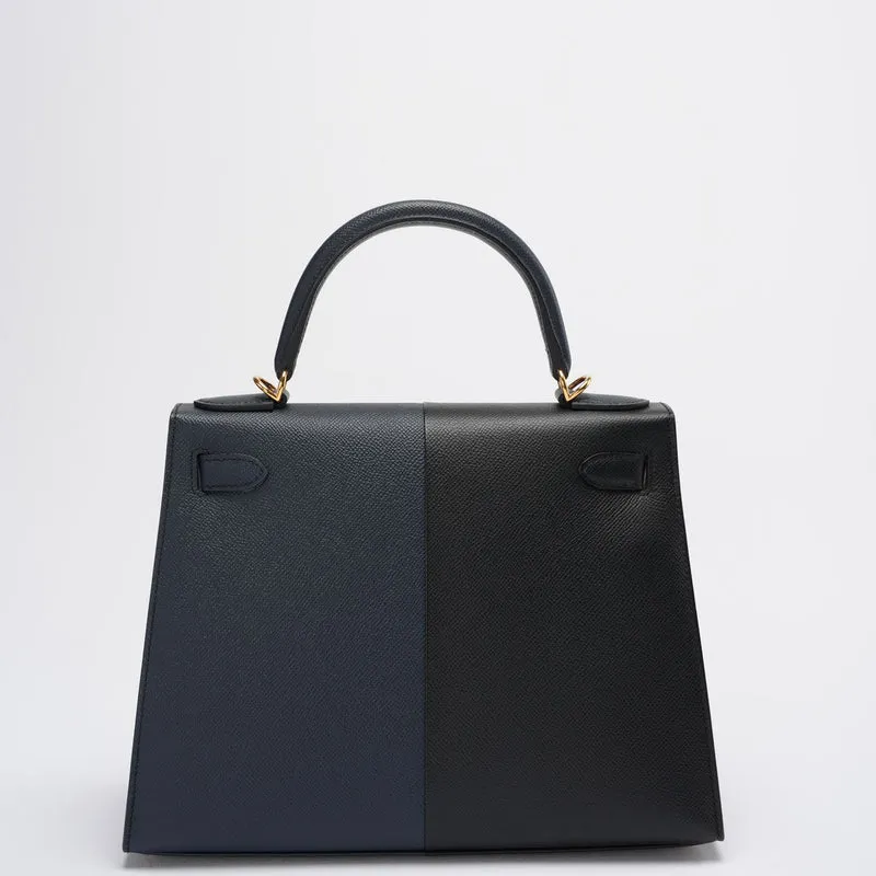 Hermes Kelly 28 Sellier Casaque Tricolor Schwarz Blau Indigo Frida Epsom Gold Hardware