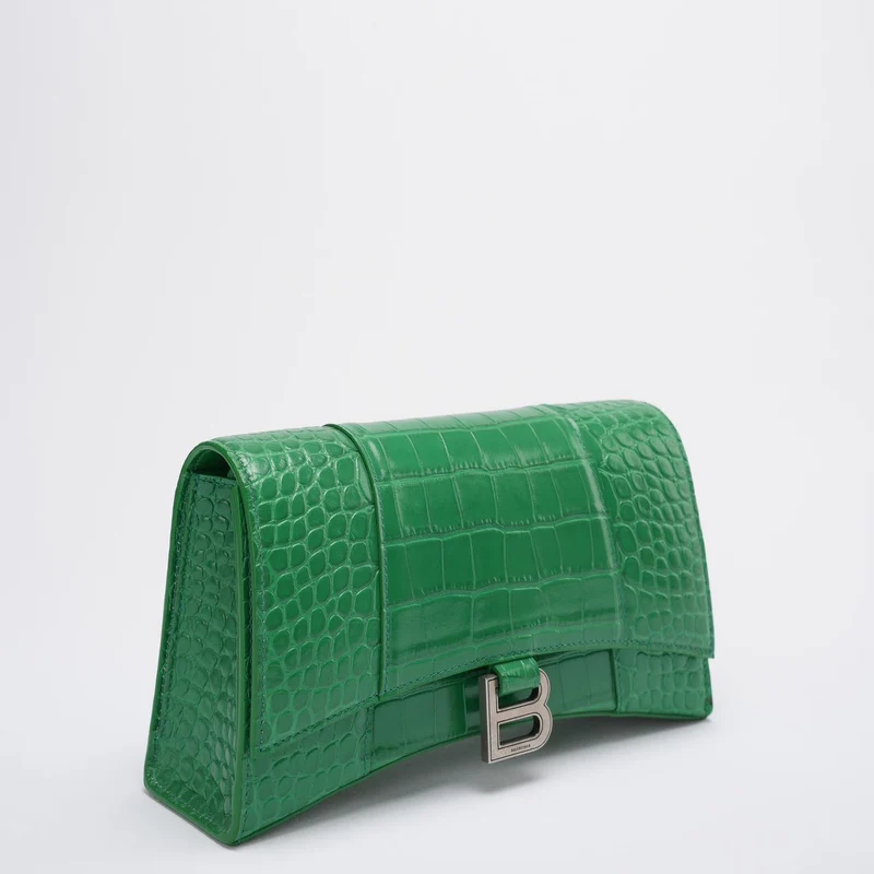 Balenciaga Kleine Hourglass Sling-Schultertasche aus glänzendem Kalbsleder mit Krokodilprägung, Blattgrün