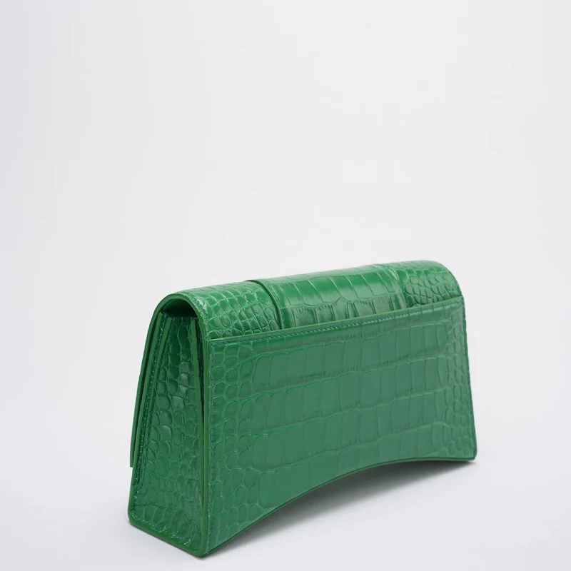 Balenciaga Kleine Hourglass Sling-Schultertasche aus glänzendem Kalbsleder mit Krokodilprägung, Blattgrün