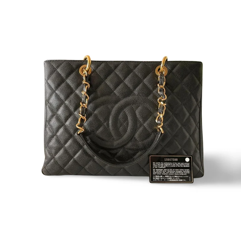 Chanel Grand Shopper Tote aus schwarzem Cavier-Leder mit goldener Hardware