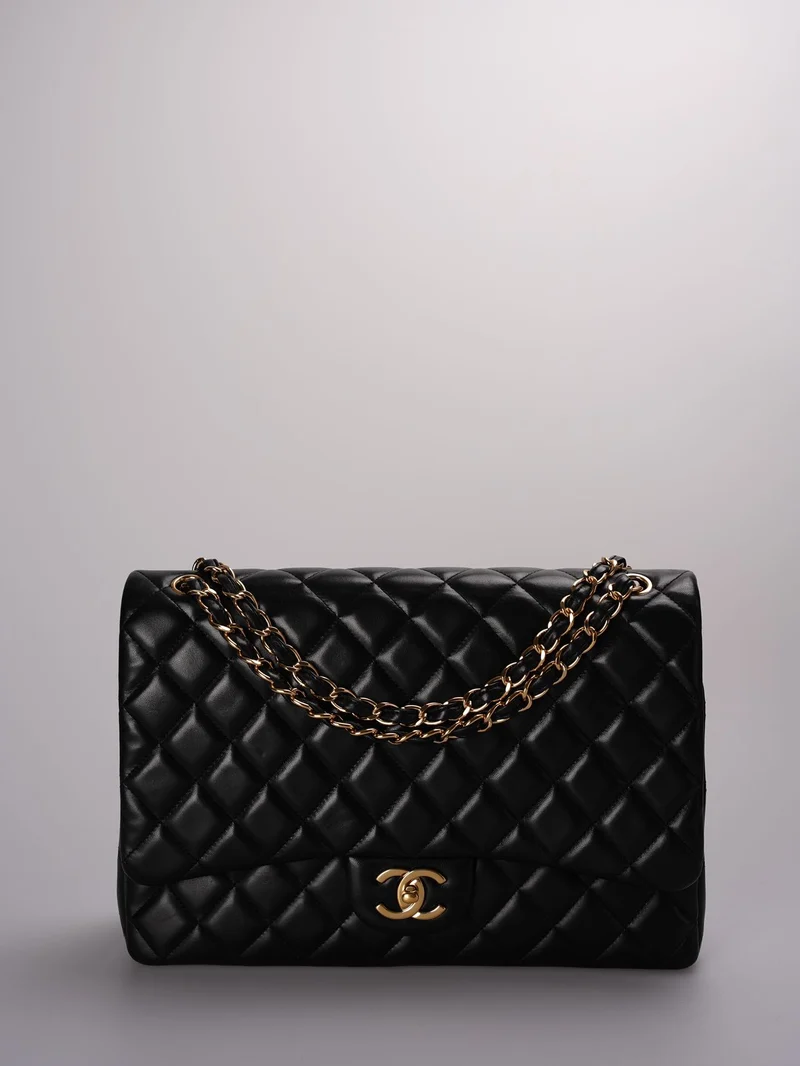 Chanel Timeless Flap Gestepptes Maxi-Lammleder Goldfarben Schwarz