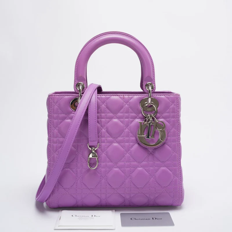 Dior Lila Lilac Lady Dior Medium Tasche aus Cannage-Lammleder mit silberner Hardware