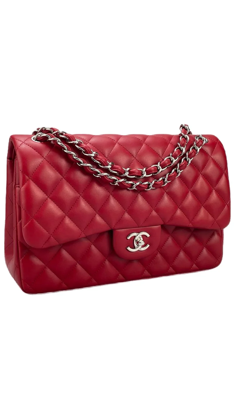 Chanel Red Timeless Classic Jumbo-Tasche aus Lammleder mit silberner Hardware