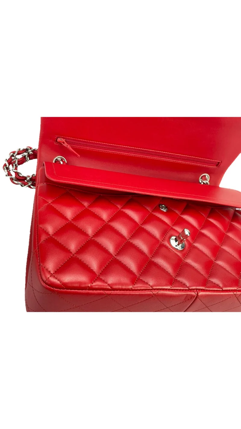 Chanel Red Timeless Classic Jumbo-Tasche aus Lammleder mit silberner Hardware