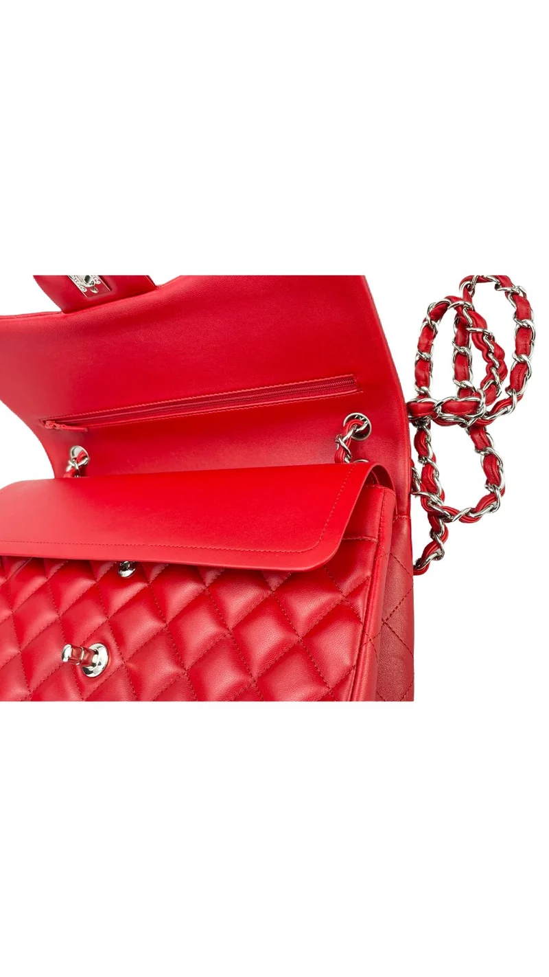 Chanel Red Timeless Classic Jumbo-Tasche aus Lammleder mit silberner Hardware